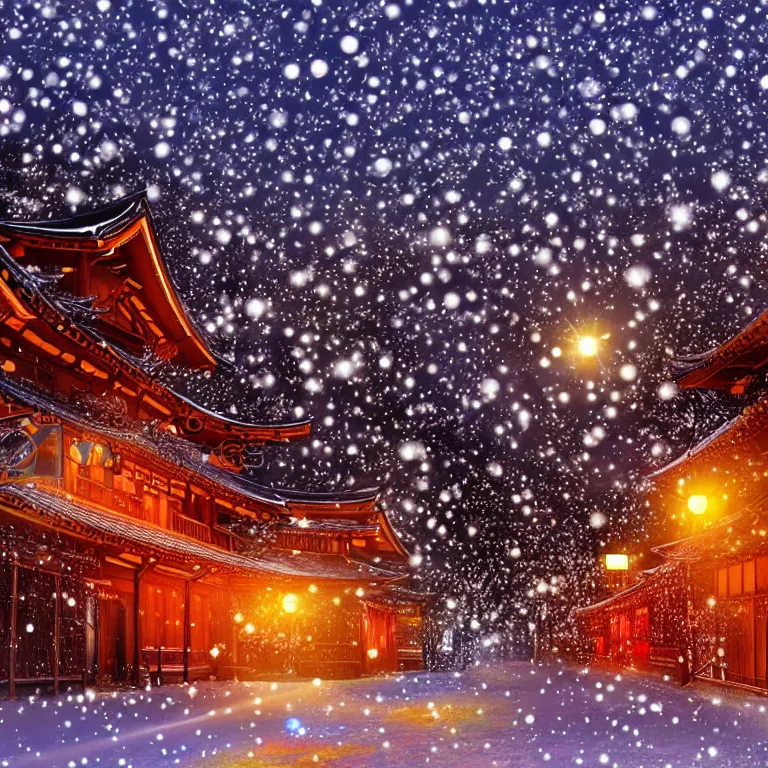 Image similar to illustration of kyoto with many lights and lens flares, snowy winter christmas night