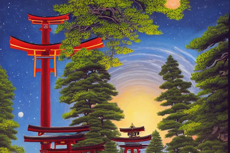 Prompt: a painting in the style of rob gonsalves of a beautiful large shinto shrine with a torii in a natural setting, soft lighting, seasonal weather, on a sci - fi space station