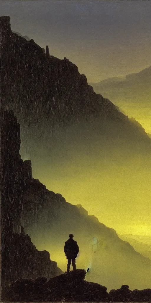 Image similar to small male figure in epic foggy mountainscape, expansive view, dozens of thin glowing straight lines extend from ground into the sky, by Caspar David friedrich