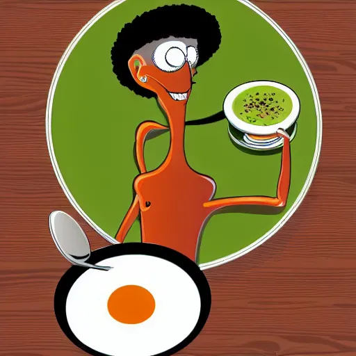 Image similar to a modernized alien enjoying himself a bowl of split pea mushroom soup a 5 star restaurant in the bronx, photorealistic, highly detailed, photography, refined spontaneity