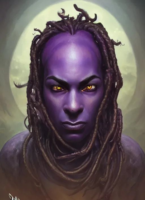 Prompt: dark skinned half elf, purple dreadlocks, god of illithid, fantasy, extremely detailed, digital painting, artstation, concept art, smooth, sharp focus, illustration, stunning lighting, art by artgerm and greg rutkowski and alphonse mucha and simon stalenhag, realistic character concept, high fantasy, light atmosphere, golden ratio, cinematic lighting, hyperdetailed, high resolution, insanely detailed and intricate, artstation, Marc Simonetti, Greg Rutkowski