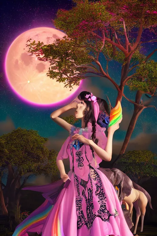 Prompt: Ethereal safari landscape with a pink rainbow sky under a goddess moonstone, black leather and embroidered Lolita dress in velvet, rich color, ramatic cinematic lighting, featured on Artstation, extremely detailed by Lisa Frank