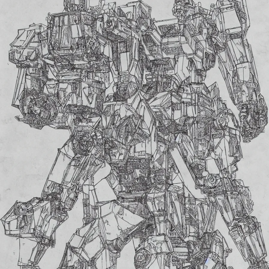 Prompt: leonardo da vinci intricate full page scan of study sheet of detailed diagram of a battle mech, on grey paper sketch ink style, detailed