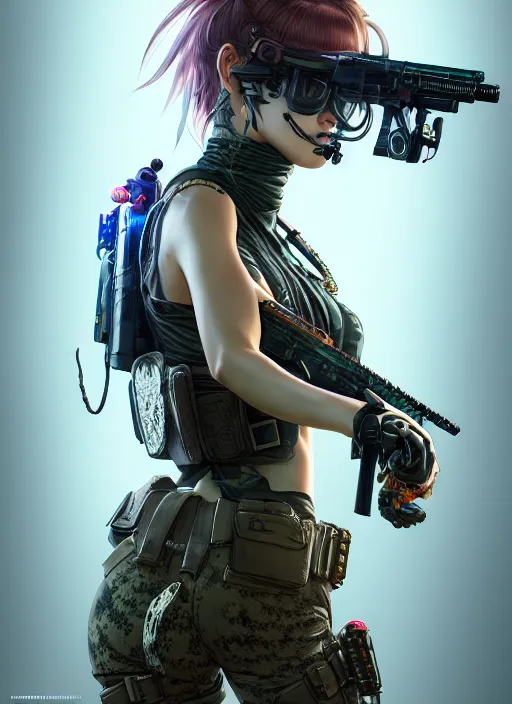 Image similar to the portrait of lawful neutral female cyberpunk marine sniper as absurdly beautiful, gorgeous, elegant, young gravure idol, an ultrafine hyperdetailed illustration by kim jung gi, irakli nadar, intricate linework, bright colors, octopath traveler, final fantasy, unreal engine 5 highly rendered, global illumination, radiant light, detailed and intricate environment