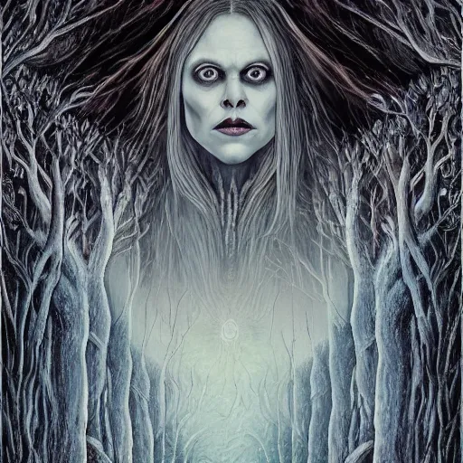 Prompt: the legend of boggey creek meets dracula and the curse of f la llorona alex grey in yggdrasil, white, night, 4 k, ultrarealistic by john stephens in high resolution another day of life