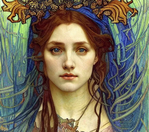 Image similar to detailed realistic beautiful young medieval queen face portrait by jean delville, alphonse mucha, vincent van gogh, and marco mazzoni, art nouveau, symbolist, visionary, gothic, pre - raphaelite