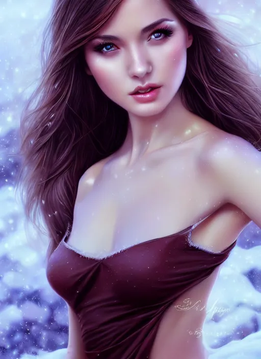 Image similar to a gorgeous female photo, professionally retouched, soft lighting, realistic, smooth face, full body shot, torso, dress, perfect eyes, wide angle, sharp focus on eyes, 8 k high definition, insanely detailed, intricate, elegant, art by artgerm, snowy winter