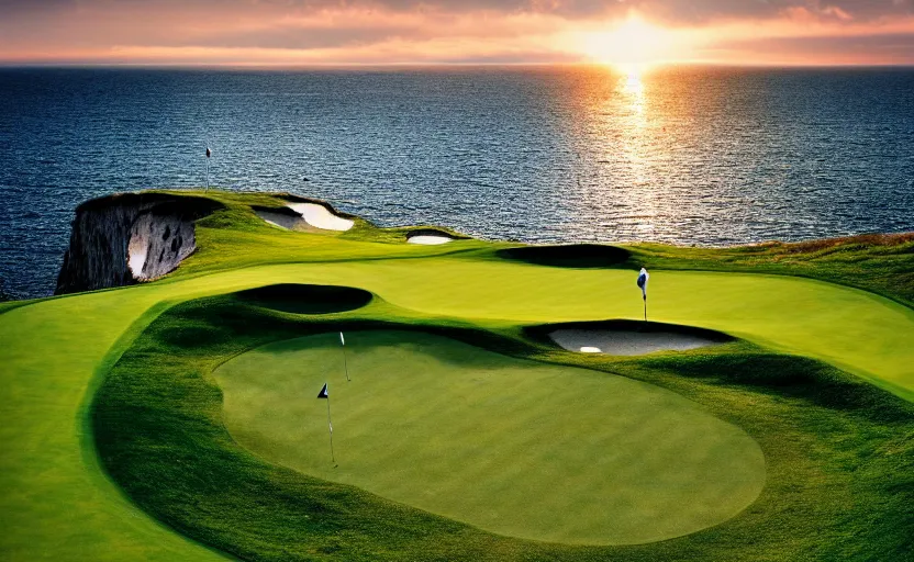 Image similar to a great photograph of the most amazing golf hole in the world, cliffs by the sea, perfect green fairway, human perspective, ambient light, 5 0 mm, golf digest, top 1 0 0, golden hour