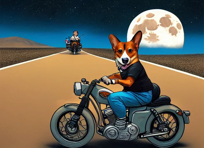 Image similar to a cell shaded cartoon corgi riding a motorcycle, with a big head, on a desert road, wide shot, in front of a big moon, muted colors, post grunge, josan gonzales, wlop, by james jean, victor ngai, hq, deviantart, art by artgerm