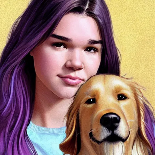 Prompt: Hailee Steinfeld as Kate Bishop facing forward and petting a winking Golden Retriever, Marvel, Hawkeye, blush, intricate, face, cute, elegant, light purple mist, purple athletic-wear, highly detailed, digital painting, artstation, concept art, matte, sharp focus, illustration, art by Artgerm and Greg Rutkowski and Alphonse Mucha