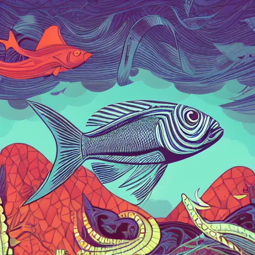 Image similar to profile of one stylized fish in center of view, dark ocean, complex patterns, artstation, intricate, realistic, highly detailed, digital painting, concept art, sharp focus, illustration by tom whalen and charles williams and kilian eng and james jean