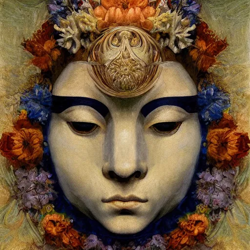 Image similar to masterpiece painting of a facemask made of flowers, by annie swynnerton and jean delville and tino rodriguez and diego rivera, stylized, flower mask, symbolist, dramatic lighting, god rays, elaborate geometric ornament, clean crisp graphics, soft cool colors, smooth sharp focus, extremely detailed