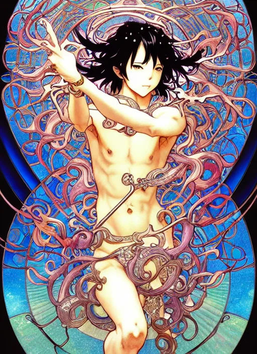 Image similar to exquisite imaginative creature manga poster art of demon slayer, pearlescent, shimmering, reflective, rim light, detailed background, by kojima ayami, shigenori soejima. takeshi obata, alphonse mucha, jump comics, illustration, artstation, concept art, highly detailed, colorful, maximalist