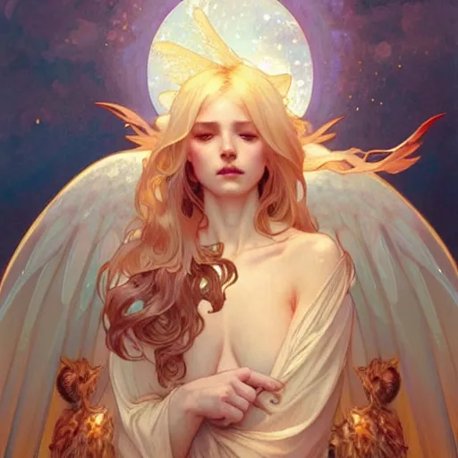 Image similar to An angelic girl with blonde hair, glowing halo, huge highly detailed wings, surrounded by foxes, fantasy, intricate, elegant, highly detailed, digital painting, artstation, concept art, smooth, sharp focus, illustration, art by Krenz Cushart and Artem Demura and alphonse mucha