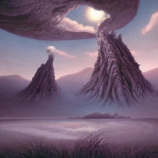 Image similar to artistic digital artwork of an epic natural scene on an alien planet. beautiful landscape by vincent bons, michael whelan, remedios varo and gerardo dottori. grainy and rough. interesting pastel colour palette. beautiful light. oil and water colour based on high quality render.