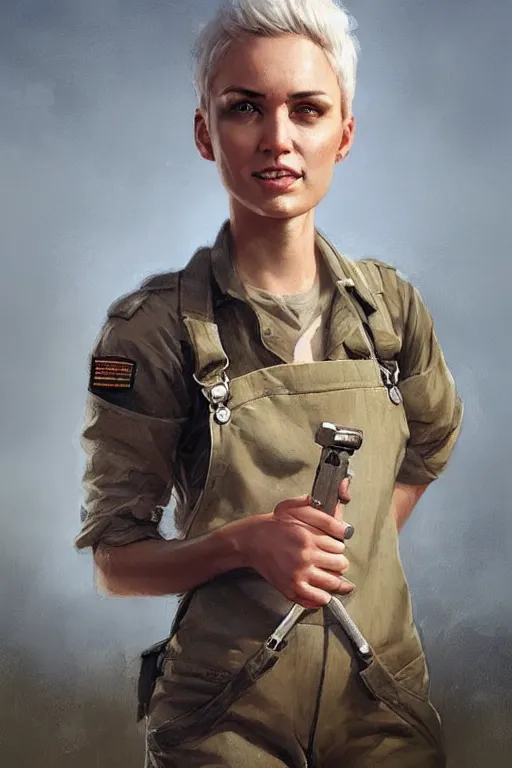 Image similar to portrait of a military engineer woman with short white hair, wearing overalls, medium shot, portrait, concept art, natural lighting, illustration, full color, highly detailed, photorealistic, by greg rutkowski, artstation,
