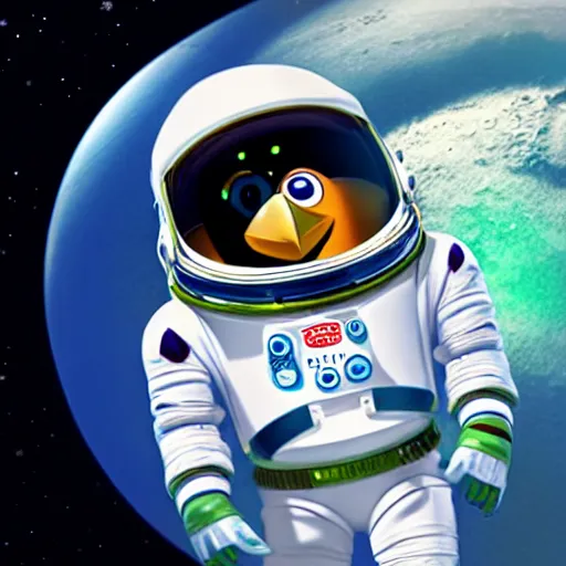Image similar to cute astronaut penguin with helmet on, floating on space, in the style of the new buzz lightyear movie