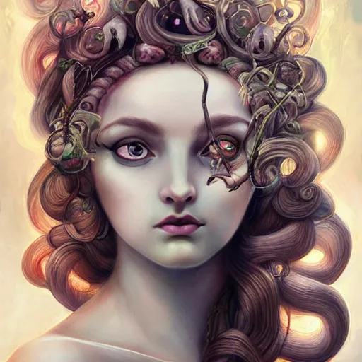 Image similar to realistic mythological greek medusa, by anna dittmann