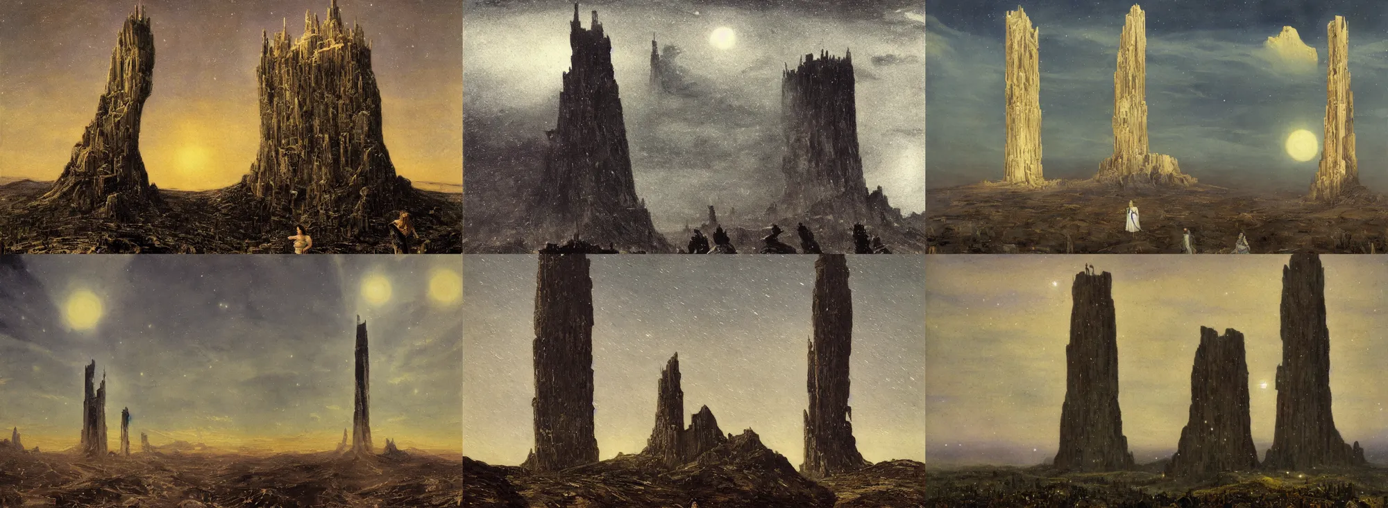 Prompt: The Tower of Cryalondia that stands stark against a winter sky, only one mega-building on a single planet, but still the center of the human-populated Universe; detailed painting in the style of Futurism and Alfredo Ambrosi, Tonalism by Albert Pinkham Ryder, George Inness, James McNeill Whistler and Frank Frank Frazetta, female heroic portrait paintings and line-drawings. trending on artstation:2