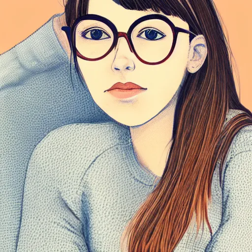 Prompt: portrait of a teenage girl with bangs, brown hair and bangs, round silver glasses with thin rims, wearing an oversized sweater, digital art, elegant pose, illustration with thick lineart