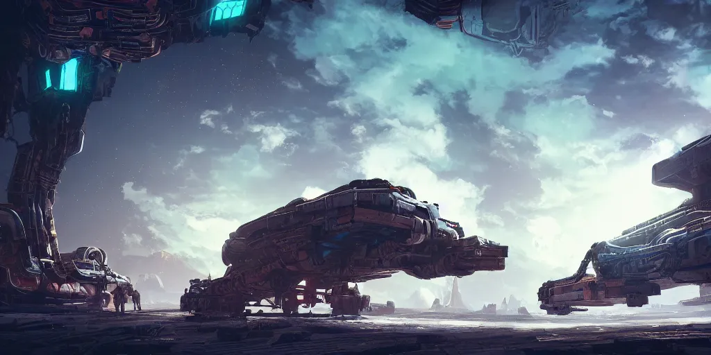 Image similar to soviet white cargo spaceship of horizon forbidden west horizon zero dawn bioluminiscence global illumination ray tracing hdr fanart arstation by ian pesty and alena aenami artworks