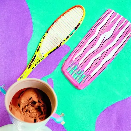 Prompt: three cups of ice cream next to a tennis racket, a stock photo by pia fries, trending on pinterest, lyco art, y 2 k aesthetic, vaporwave, aesthetic