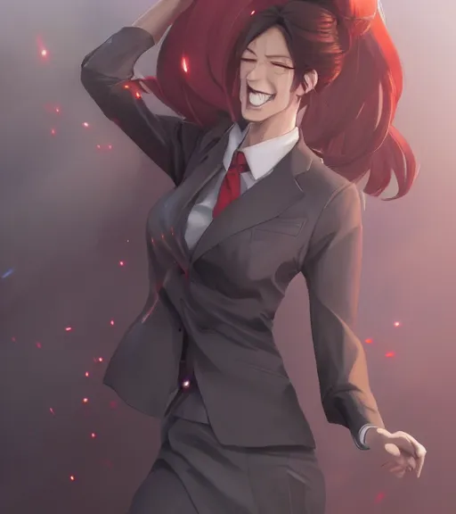 Image similar to a girl in a business suit, close up, sharp focus, red necktie, grey hair, happy expression, full body shot, pixiv, digital painting, by tran ross and jordan grimmer and greg rutkowski, anime art, artstation, hd, smooth