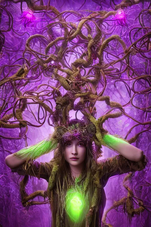 Prompt: female shaman of the purple forest, neon cloak, mycelium, fungi, vines, symmetrical features, illusion, magical realism, ultradetailed, volumetric lighting, 4k UHD, film poster.