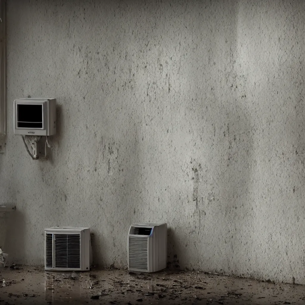 Prompt: an air conditioner above a window in a teenager's room flooding dirty water, blurred, faded, depth of field, sunny, ultra realistic, very detailed, by nadav kander, 8 k hyper realistic detailed cinematic still