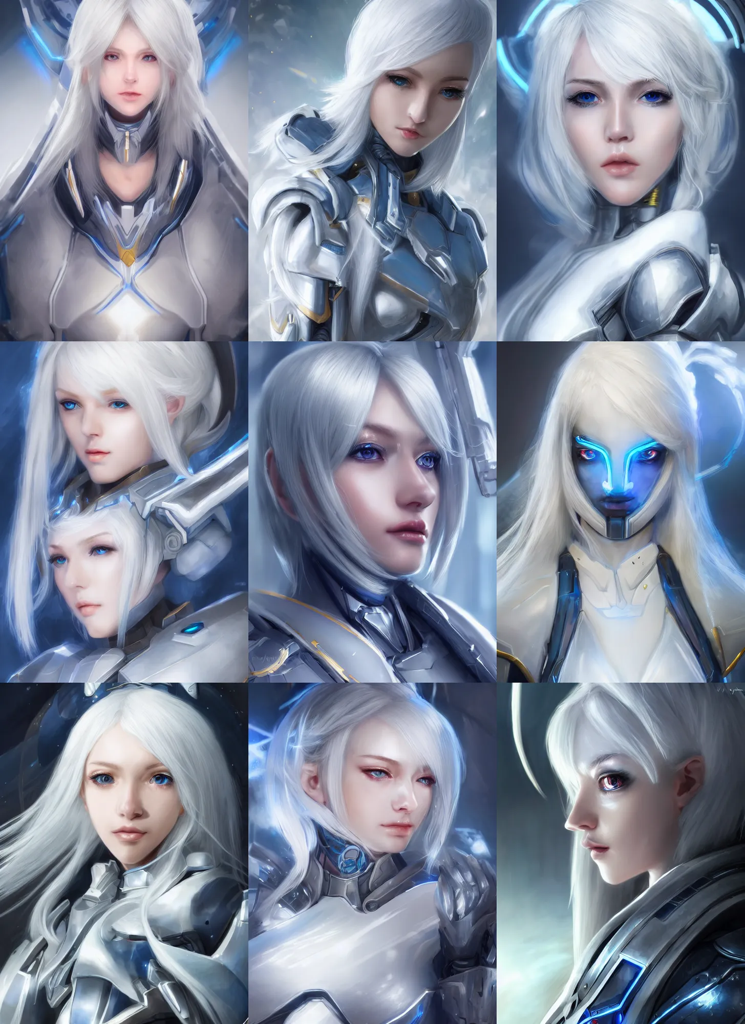 Image similar to detailed portrait of perfect white haired girl, android, warframe armor, beautiful, dreamy, pretty face, blue cyborg, eyes, innocent, scifi, 4 k, blue, gold, sun yunjoo, ultra realistic, aura of light, cinematic lighting, highly detailed, sharp focus, masterpiece, art by hyungjin yang