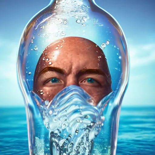 Prompt: a human head in a bottle, on the ocean water, surreal, 3 d art, 3 d render, futuristic, glowing, hyper realistic, ray tracing, realistic water splashes, sharp focus, long shot, 8 k resolution, cinematic, photoshop art