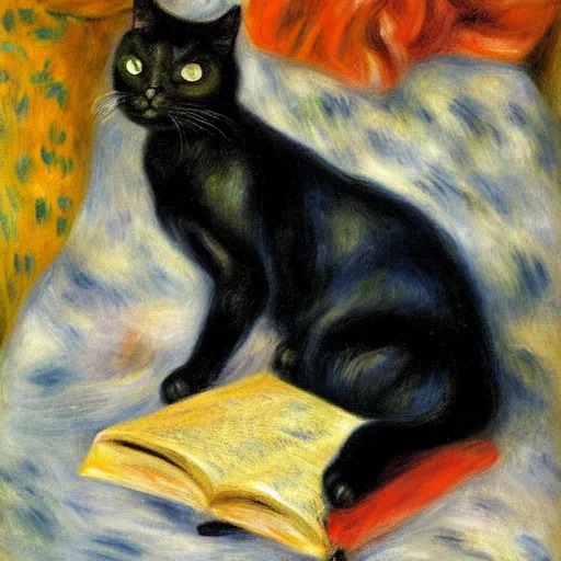 Image similar to renoir painting of black cat reading a book