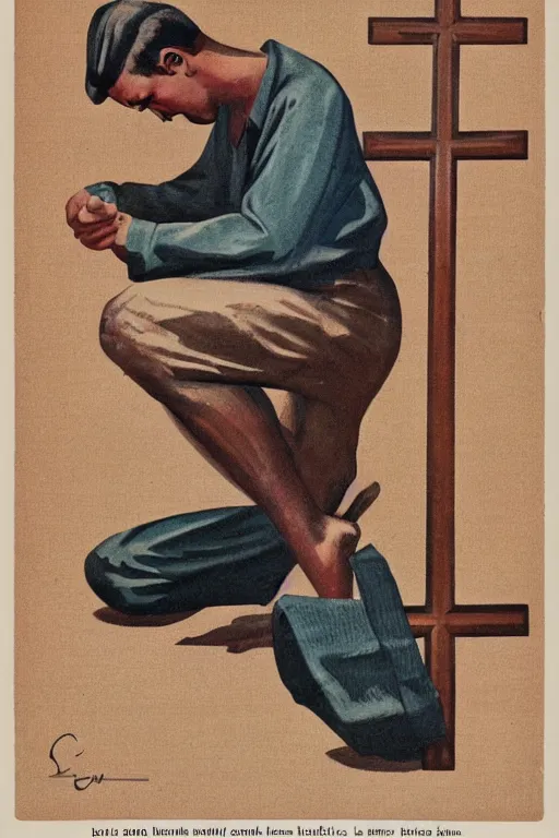 Image similar to man kneeling at the base of a wooden cross, 1960’s advertising art illustration