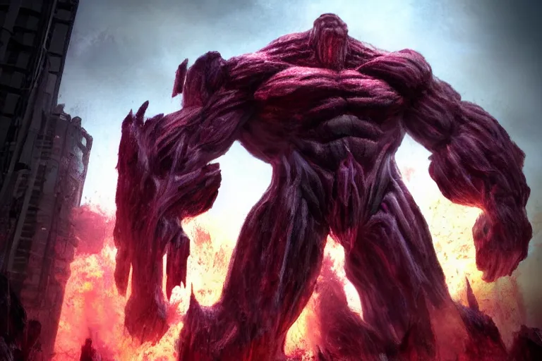 Prompt: a gigantic titan boss made of flesh and muscles, photograph, ambient lighting,