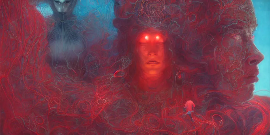 Image similar to Portrait Masterpiece, Wanda Maximoff, furious, red and cyan, glowing, wires everywhere, by Edgar Maxence and Ross Tran, Zdzisław Beksiński, and Michael Whelan, distant, gustav dore, H.R. Giger, 8k, octane render