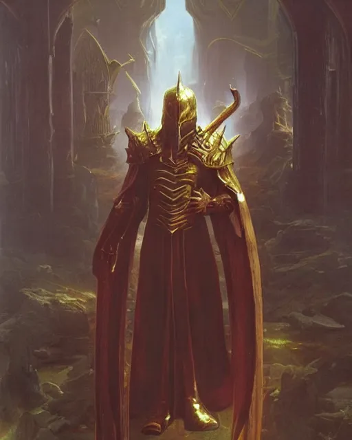 Image similar to A wizard. He has a very menacing expression. he wears robes and armour. Award winning oil painting by Thomas Cole and Wayne Barlowe. Highly detailed