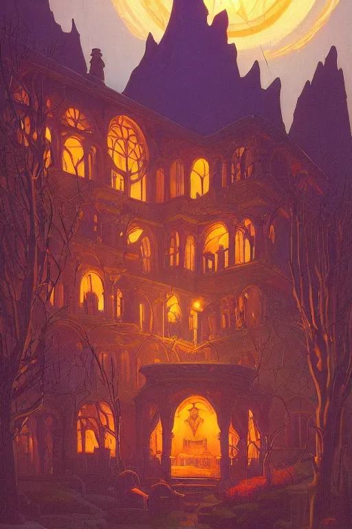 Image similar to witch's workshop lit up at twilight, by Sylvain Sarrailh and Nicholas Roerich and jean delville and Tyler Edlin and William Dyce, dramatic cinematic lighting , beautiful garden, ornate carved architecture, smooth, sharp focus, extremely detailed