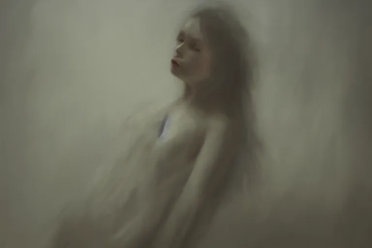 Image similar to a painting of a possessed woman in a foggy room by jama jurabaev, cinematic shot, trending on artstation, high quality, ultra realistic