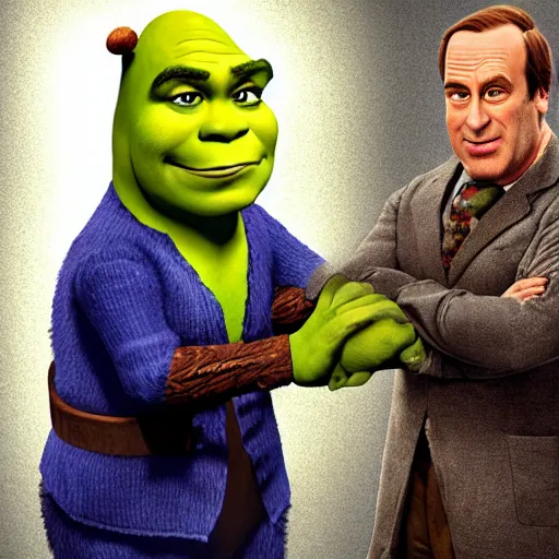 Prompt: Shrek being defended in court by Saul Goodman, detailed hyperrealistic photograph