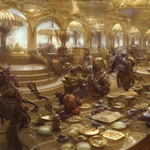 Prompt: Fantasy dessert marketplace in marble and gold, art by Donato Giancola, Craig Mullins, digital art, trending on artstation