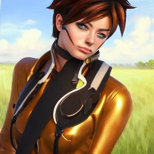 Image similar to oil painting of tracer overwatch in a field wearing large leather belt choker around neck, in style of mark arian, expressive face, detailed face, detailed eyes, full body, feminine face, tracer overwatch,