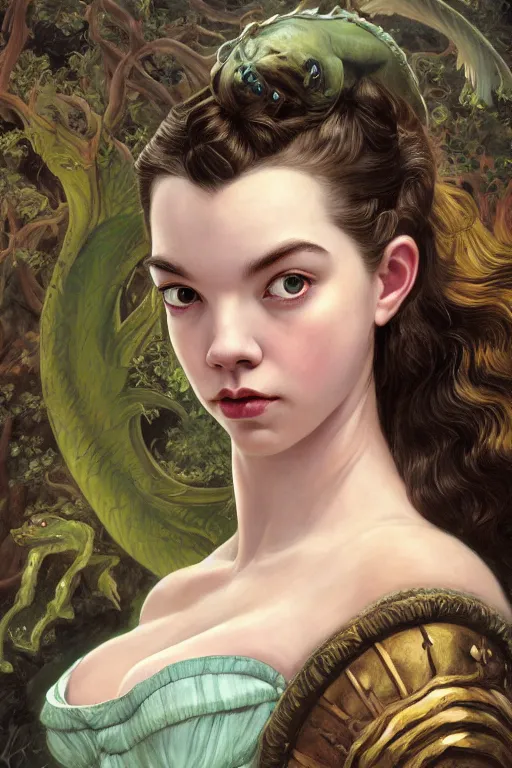 Image similar to A fantasy comic book style portrait painting of Anya Taylor-Joy, hybrid, Natalie Wood, as an Atlantean Reptilian Warrior, François Boucher, Oil Painting, Mystical Valkyrie, unreal 5, DAZ, hyperrealistic, octane render, Regal, Refined, Detailed Digital Art, RPG portrait, William-Adolphe Bouguereau, Michael Cheval, Walt Disney (1937), Steampunk, dynamic lighting, Highly Detailed, Cinematic Lighting, Unreal Engine, 8k, HD