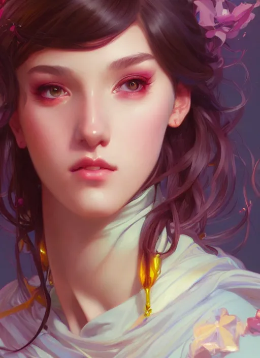 Image similar to portrait of a cute egirl, colorful, elegant, highly detailed, geek, brunette, uwu, digital painting, artstation, concept art, smooth, sharp focus, illustration, art by artgerm and greg rutkowski and alphonse mucha