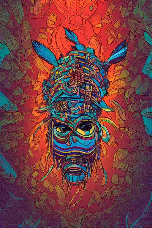 Image similar to totem animal tribal chaman vodoo mask feather gemstone plant wood rock video game illustration vivid color borderlands by josan gonzales and dan mumford radiating a glowing aura