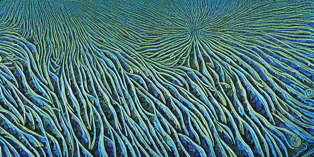 Prompt: Artwork by Tim White of the aerial view of a forest of giant diatoms.