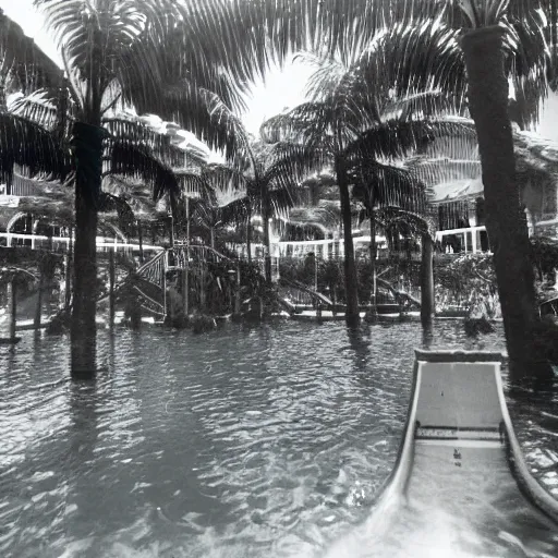 Prompt: inside waterpark with ferns and palm trees, liminal, photo from the 80s, found footage, wideangle,