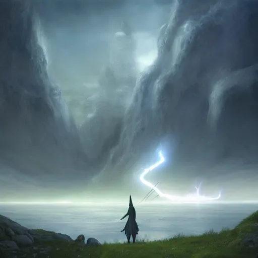 Image similar to a beautiful detailed realistic matte painting of a magical wizard looking towards a serene landscape with an eerie dark magic lightning portal to another dimension, by john howe and alexander skold and andreas rocha. vray, raytracing, detailed lighting, volumetric lighting, cinematic lighting, very wide shot, f 8