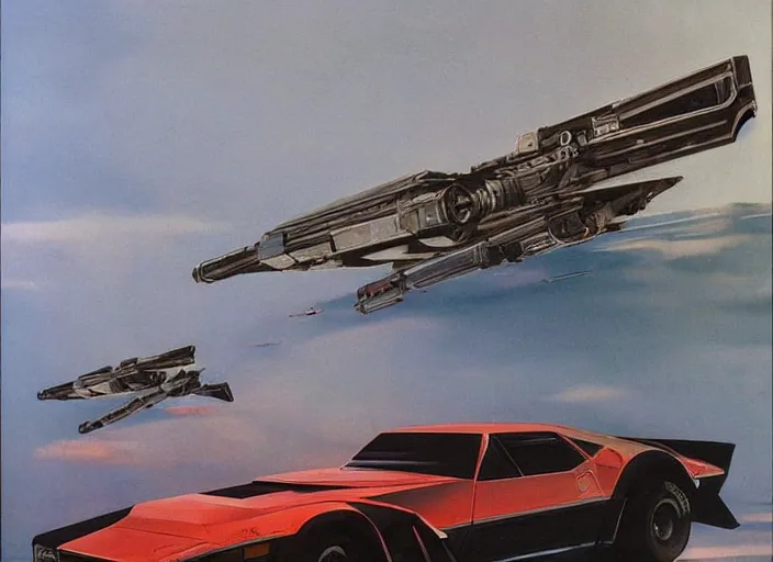 Image similar to ( ( ( ( ( 1 9 8 2 pontiac trans am, car concept art, sci - fi illustration, painting, in the style of star wars ) ) ) ) ) by vincent di fate and john berkey and star wars!!!!!!!