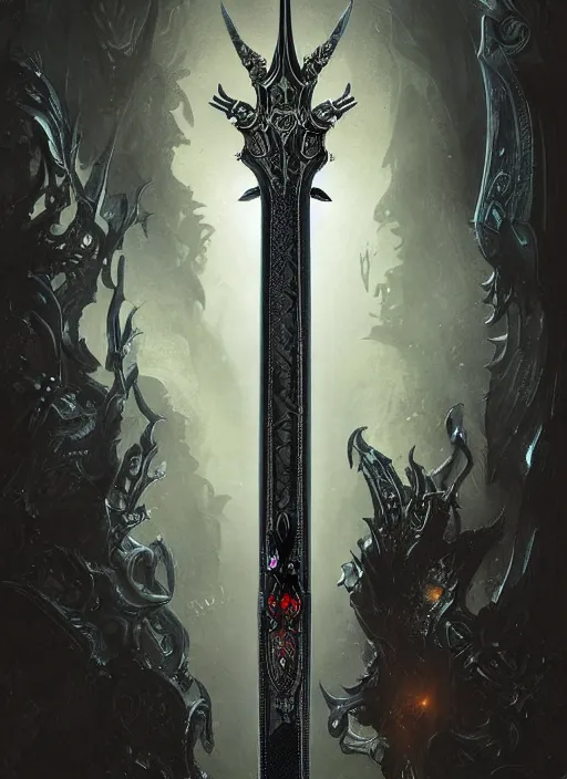 Prompt: legendary sword of technology, intricate black and iridescent blade, ornate gothic baroque spikes, glowing handle, detailed realistic, ray tracing, colored gems, art by greg rutkowski