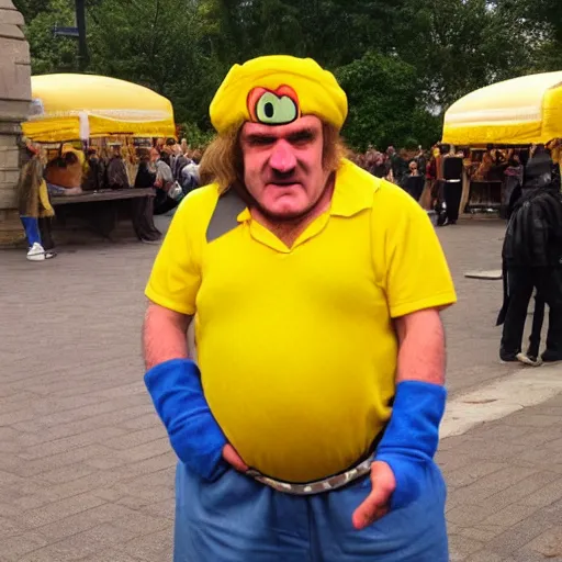 Prompt: Gérard Depardieu as Wario, yellow overall, yellow cap